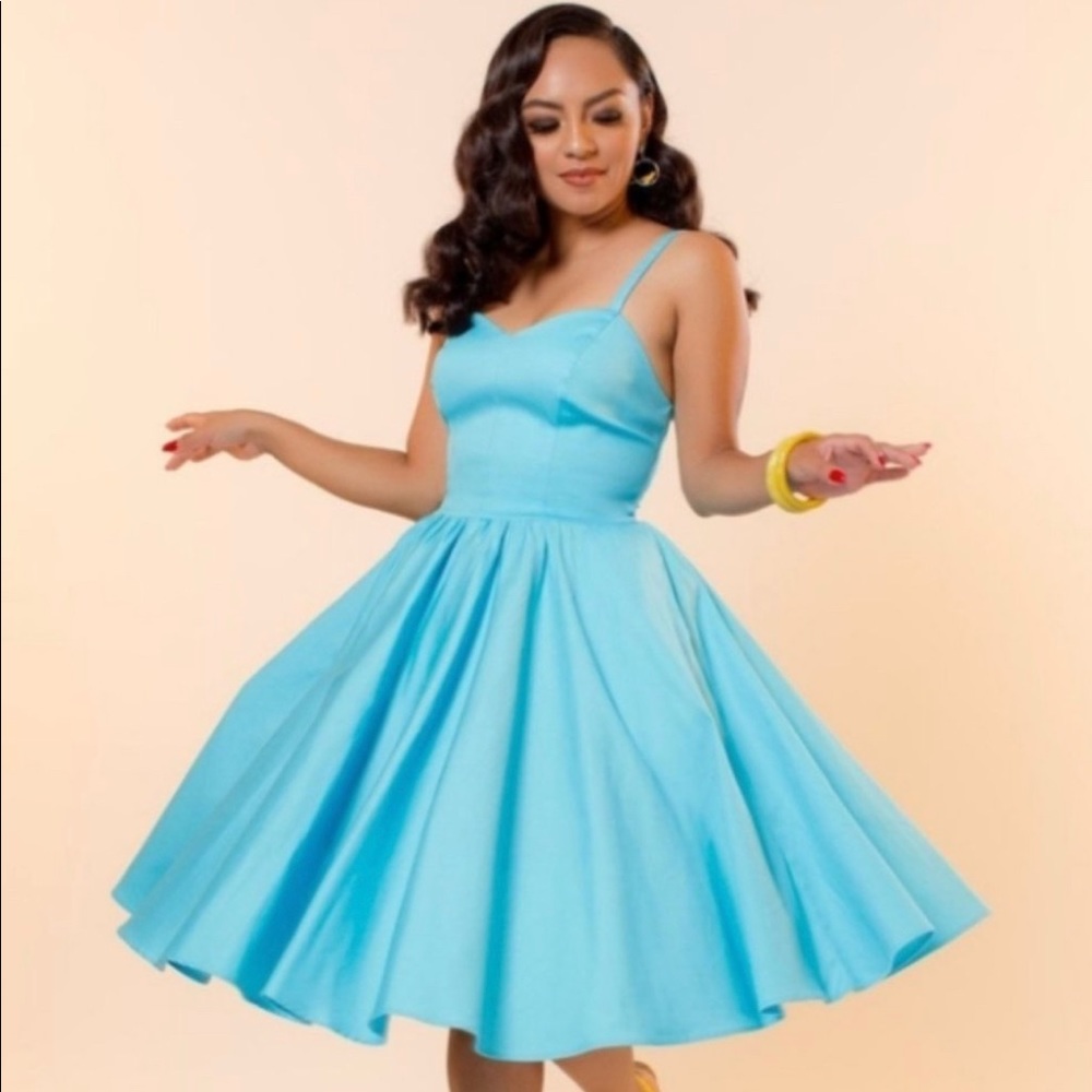 SOLD—Pinup girl clothing blue Audrey dress